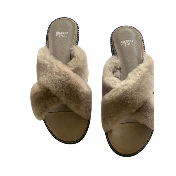 Eileen Fisher Taupe Shearling Crossover Sandals Cozy Slip-On Cross2-LT Size 8.5 - Picture 3 of 8